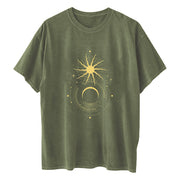Ladies Retro Sun And Moon Element Positioning Printing Drop Shoulder Short Sleeved T Shirt