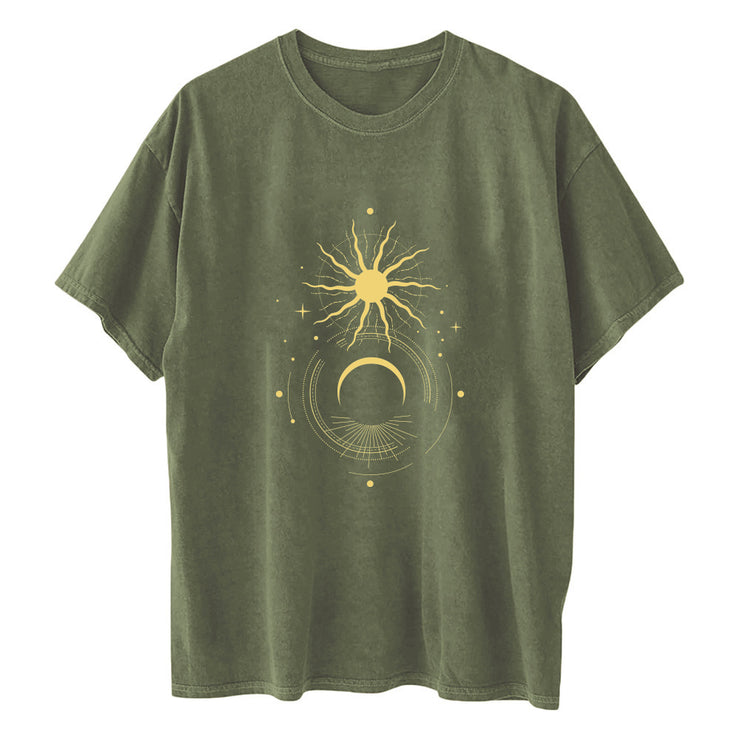 Ladies Retro Sun And Moon Element Positioning Printing Drop Shoulder Short Sleeved T Shirt