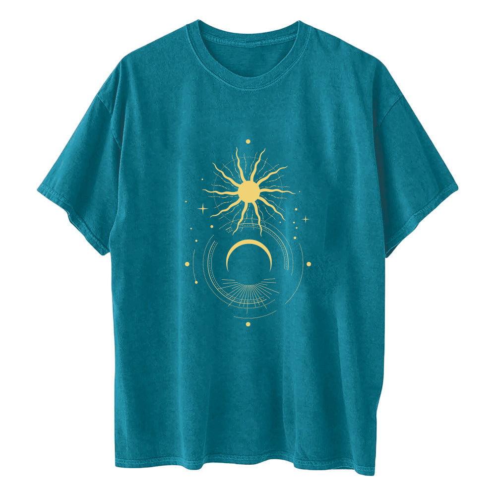 Ladies Retro Sun And Moon Element Short Sleeved T Shirt