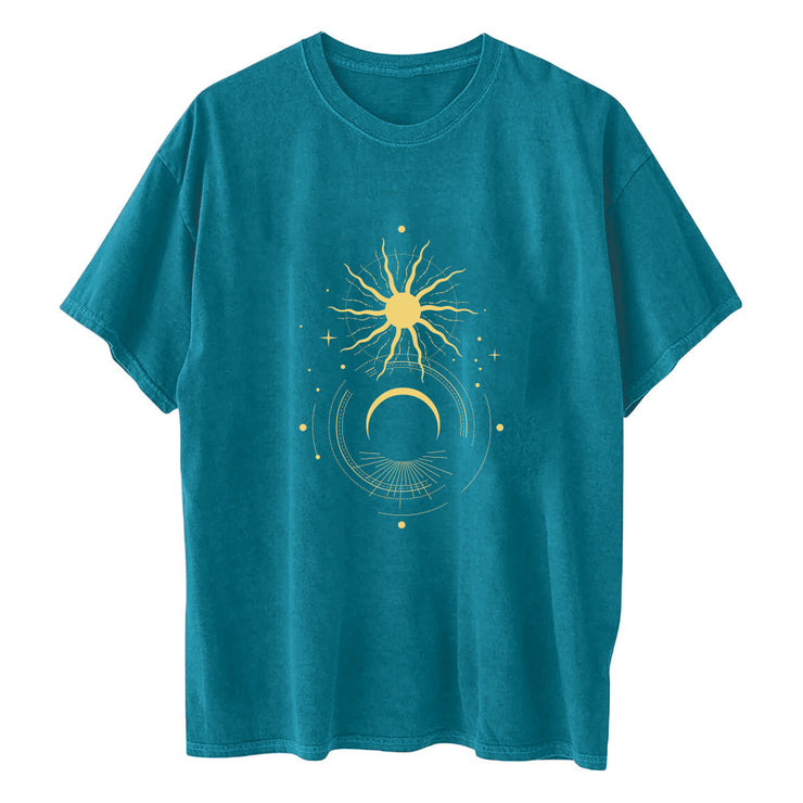 Ladies Retro Sun And Moon Element Positioning Printing Drop Shoulder Short Sleeved T Shirt