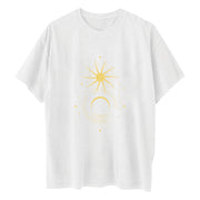 Ladies Retro Sun And Moon Element Positioning Printing Drop Shoulder Short Sleeved T Shirt
