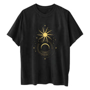 Ladies Retro Sun And Moon Element Positioning Printing Drop Shoulder Short Sleeved T Shirt