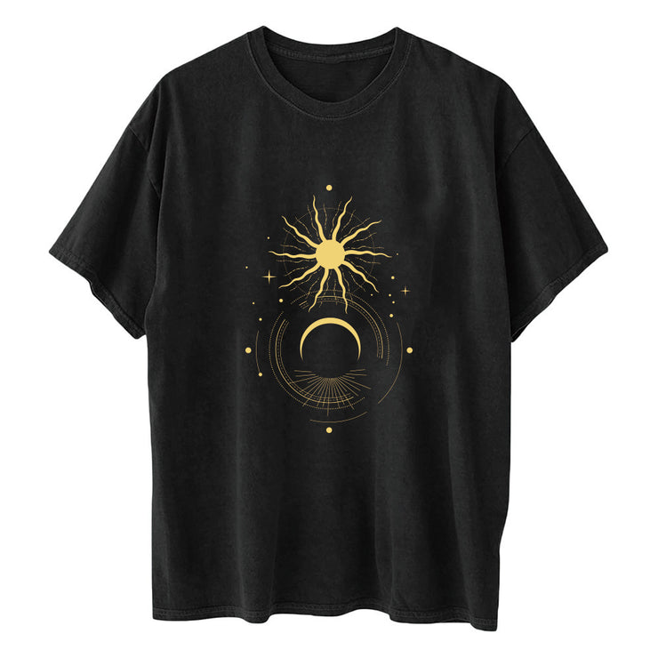 Ladies Retro Sun And Moon Element Positioning Printing Drop Shoulder Short Sleeved T Shirt