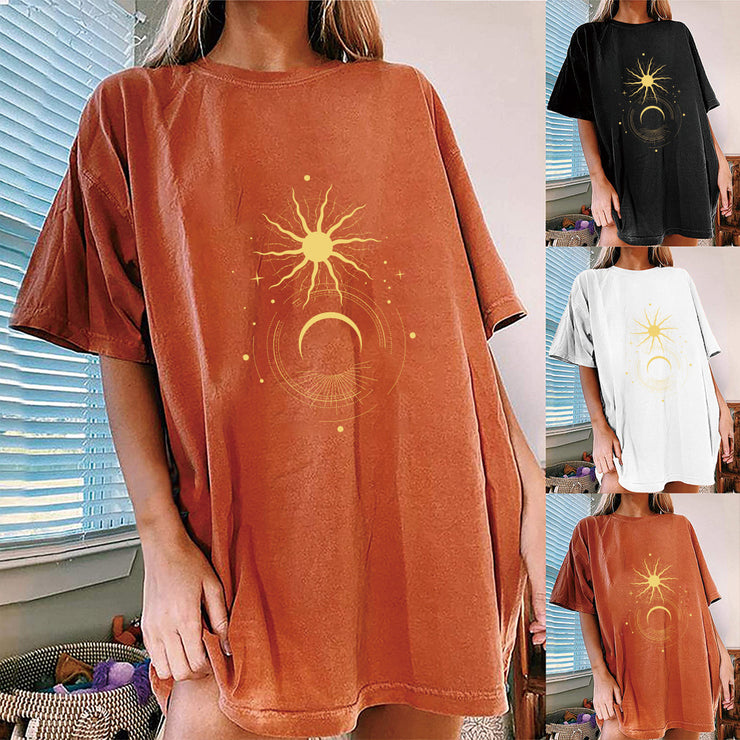 Ladies Retro Sun And Moon Element Positioning Printing Drop Shoulder Short Sleeved T Shirt