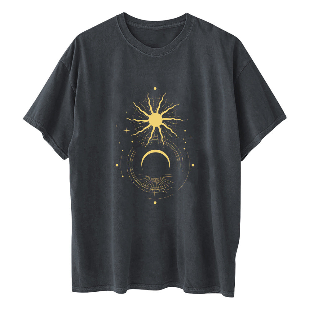 Ladies Retro Sun And Moon Element Short Sleeved T Shirt