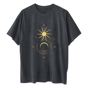 Ladies Retro Sun And Moon Element Positioning Printing Drop Shoulder Short Sleeved T Shirt