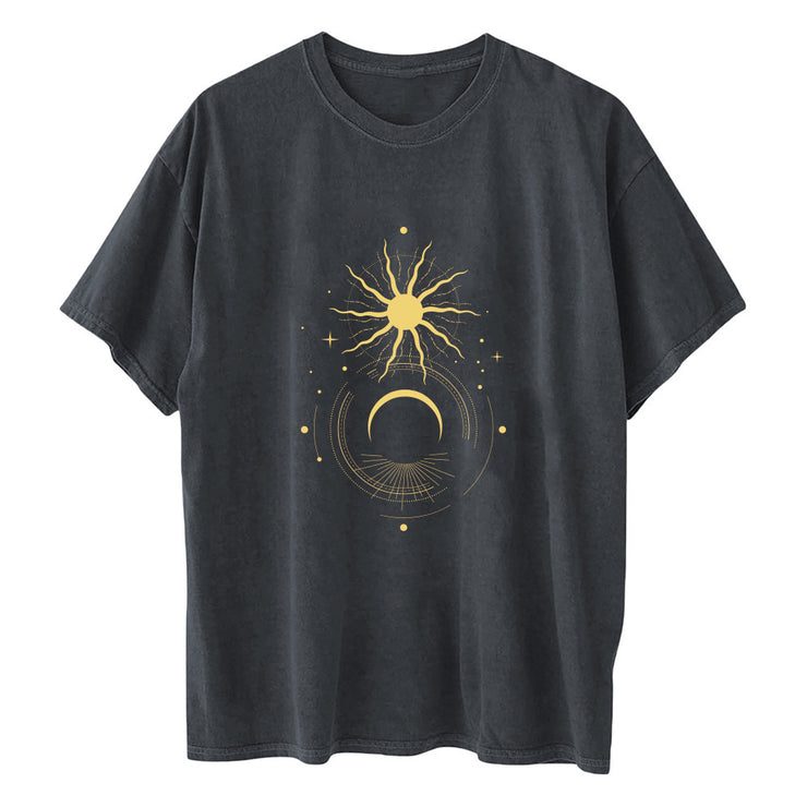 Ladies Retro Sun And Moon Element Positioning Printing Drop Shoulder Short Sleeved T Shirt