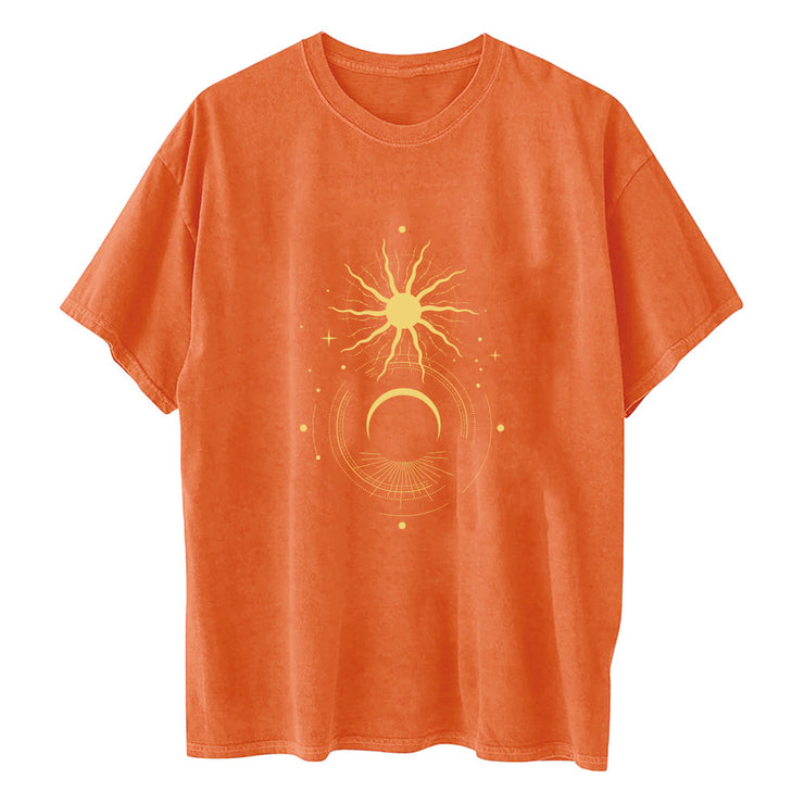 Ladies Retro Sun And Moon Element Positioning Printing Drop Shoulder Short Sleeved T Shirt