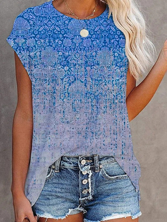 Summer New Style Gradient Retro Printing Short-Sleeved T-Shirt Ladies Casual Top