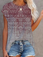 Summer New Style Gradient Retro Printing Short-Sleeved T-Shirt Ladies Casual Top