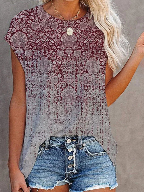 Summer New Style Gradient Retro Printing Short-Sleeved T-Shirt Ladies Casual Top