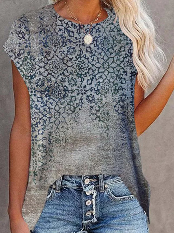 Summer New Style Gradient Retro Printing Short-Sleeved T-Shirt Ladies Casual Top