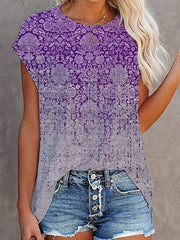 Summer New Style Gradient Retro Printing Short-Sleeved T-Shirt Ladies Casual Top
