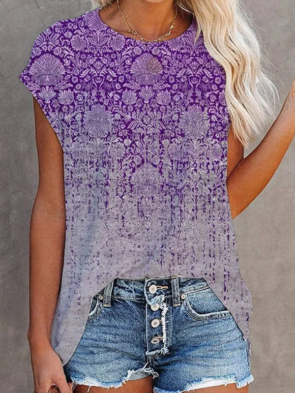 Summer New Style Gradient Retro Printing Short-Sleeved T-Shirt Ladies Casual Top