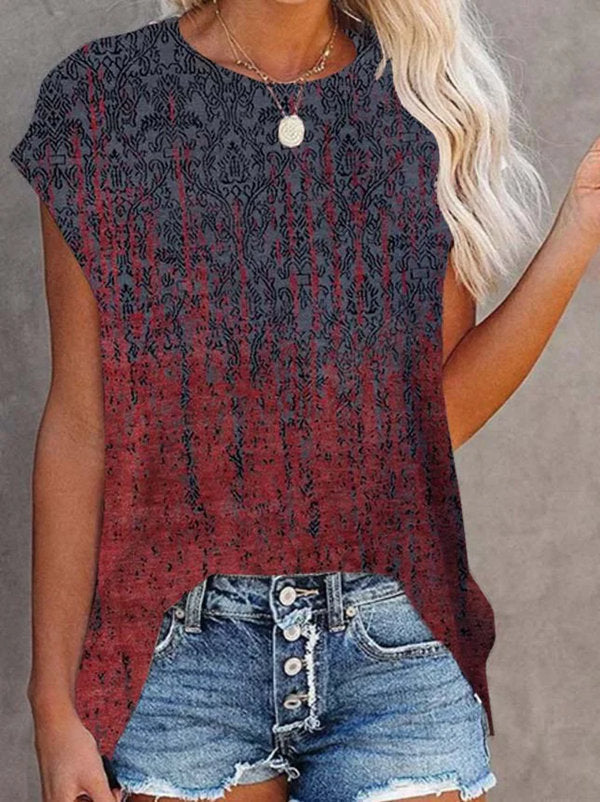 Summer New Style Gradient Retro Printing Short-Sleeved T-Shirt Ladies Casual Top