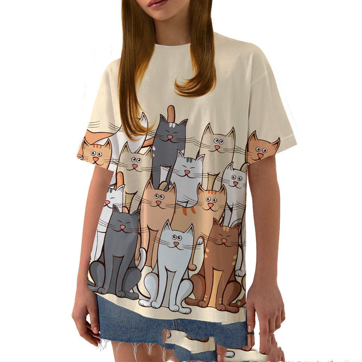 Ladies Casual Short Sleeve T-shirt Retro Color Painted Cat 3D Print
