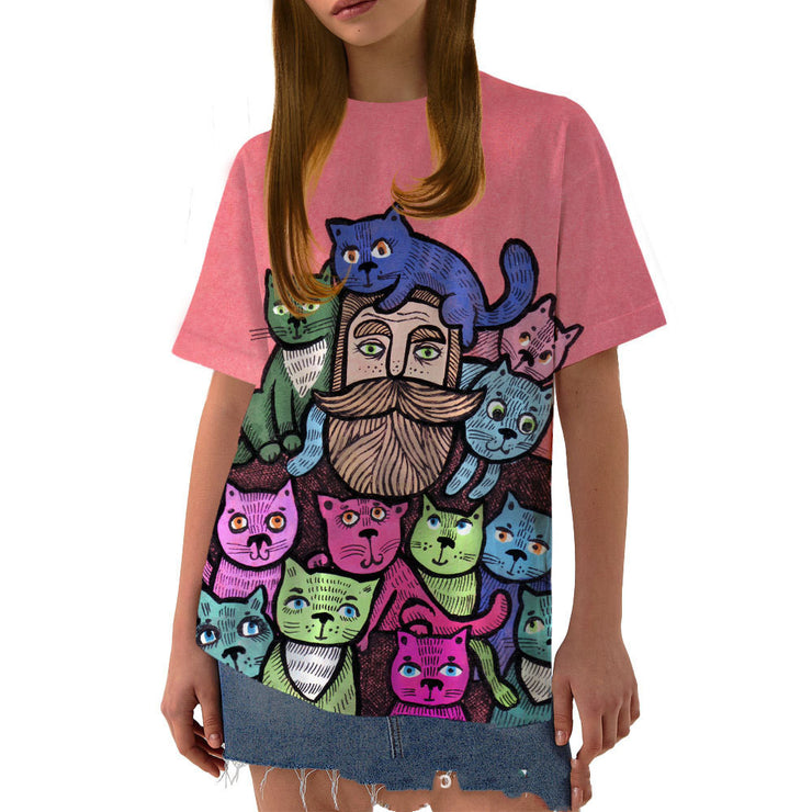 Ladies Casual Short Sleeve T-shirt Retro Color Painted Cat 3D Print