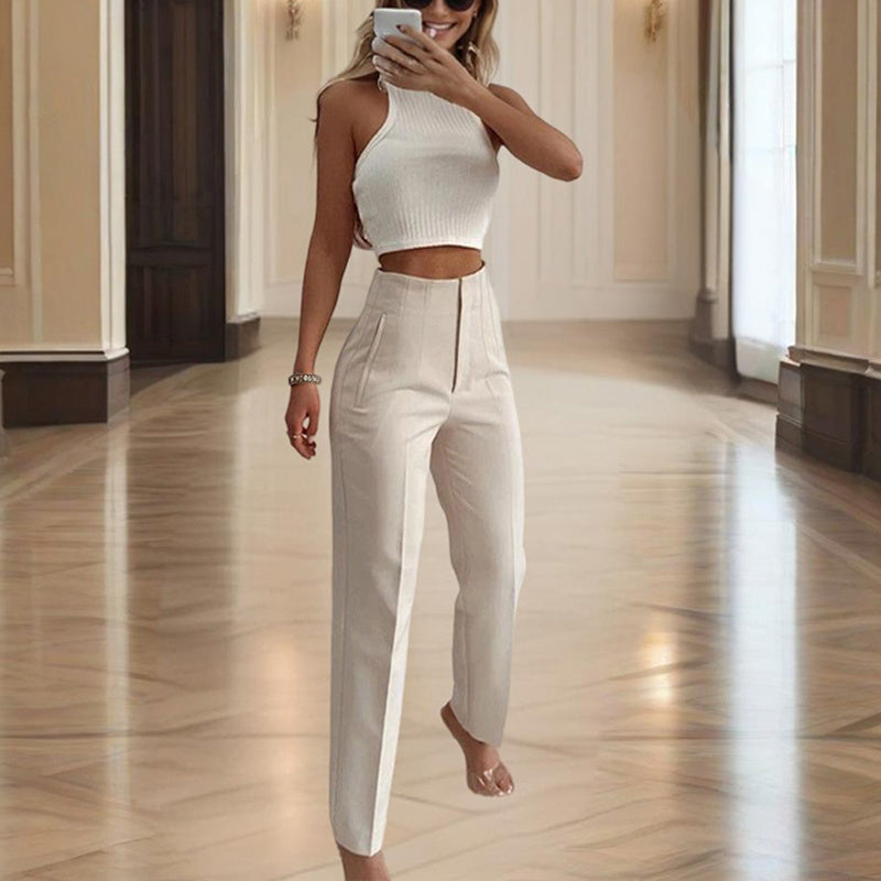Women's High-Waisted Straight Leg Casual Trousers With Pockets