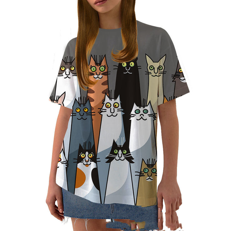 Ladies Casual Short Sleeve T-shirt Retro Color Painted Cat 3D Print